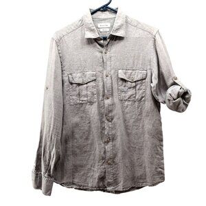 Massimo Dutti 100% Linen Button Up Shirt Mens M Gray Roll Tab Sleeve